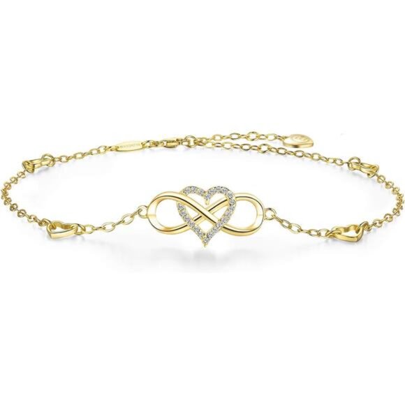 BlingGem Gold Infinity Heart Anklet Women Sterling Silver CZ Beach Jewelry - Picture 1 of 7